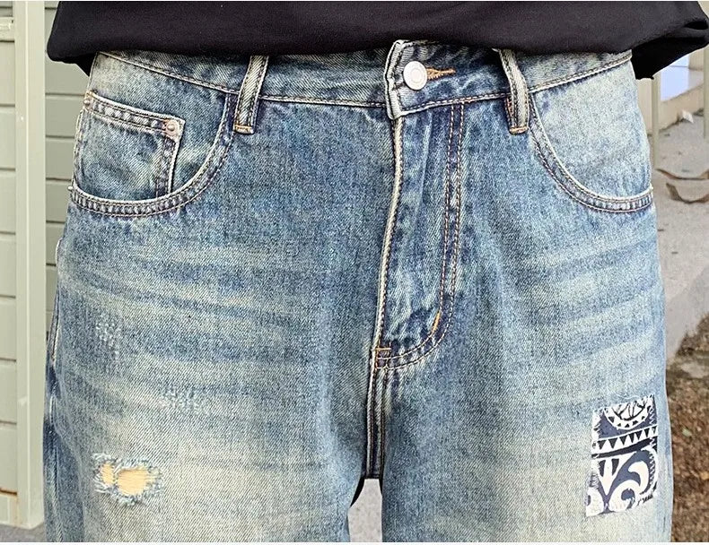Custom Denim OEM Patchwork Straight Stonewashed Light Wash Ripped Holes Distressed Fashion Streetwear Quality Designer Jeans