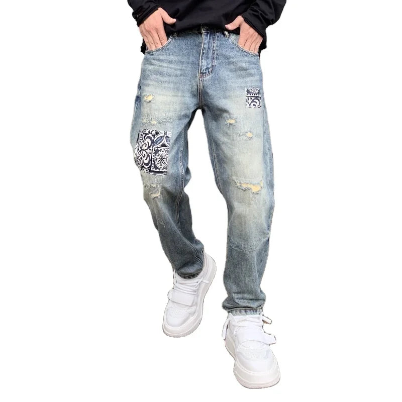 Custom Denim OEM Patchwork Straight Stonewashed Light Wash Ripped Holes Distressed Fashion Streetwear Quality Designer Jeans