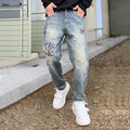 Custom Denim OEM Patchwork Straight Stonewashed Light Wash Ripped Holes Distressed Fashion Streetwear Quality Designer Jeans