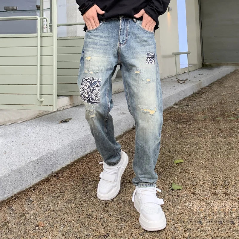 Custom Denim OEM Patchwork Straight Stonewashed Light Wash Ripped Holes Distressed Fashion Streetwear Quality Designer Jeans