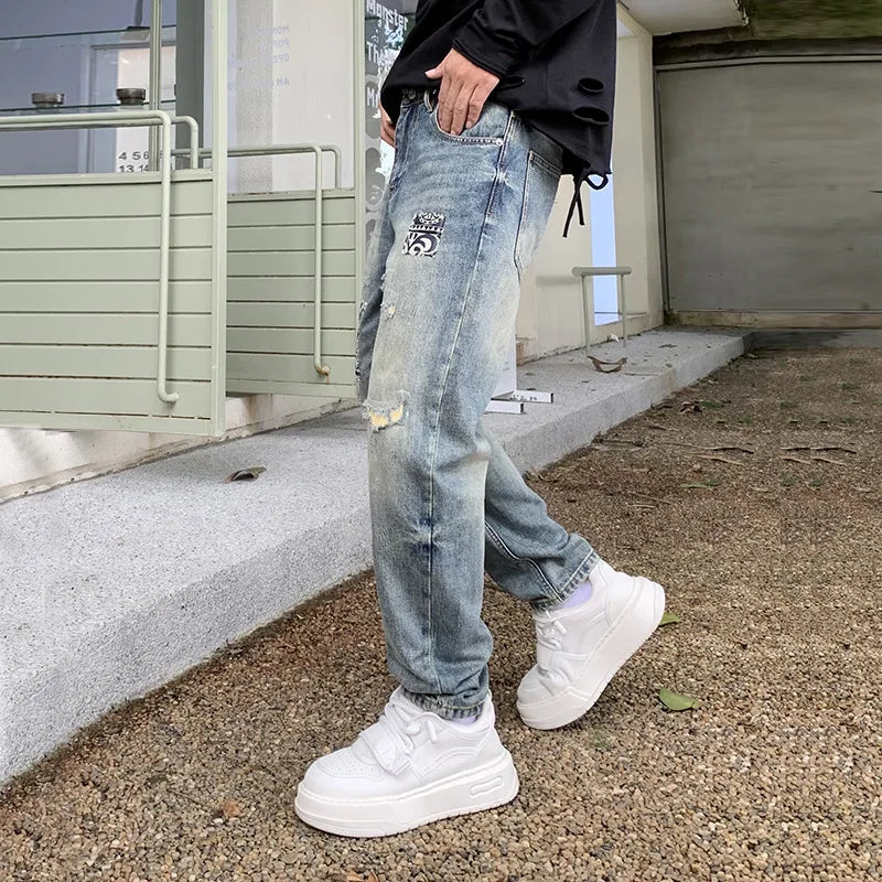 Custom Denim OEM Patchwork Straight Stonewashed Light Wash Ripped Holes Distressed Fashion Streetwear Quality Designer Jeans