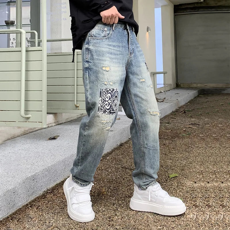 Custom Denim OEM Patchwork Straight Stonewashed Light Wash Ripped Holes Distressed Fashion Streetwear Quality Designer Jeans