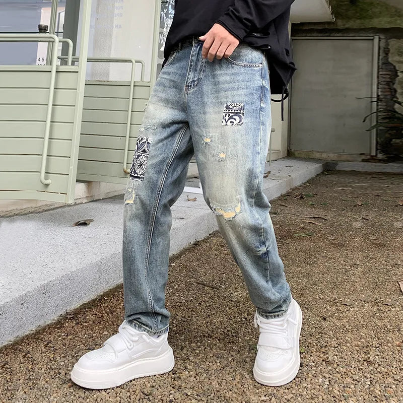 Custom Denim OEM Patchwork Straight Stonewashed Light Wash Ripped Holes Distressed Fashion Streetwear Quality Designer Jeans