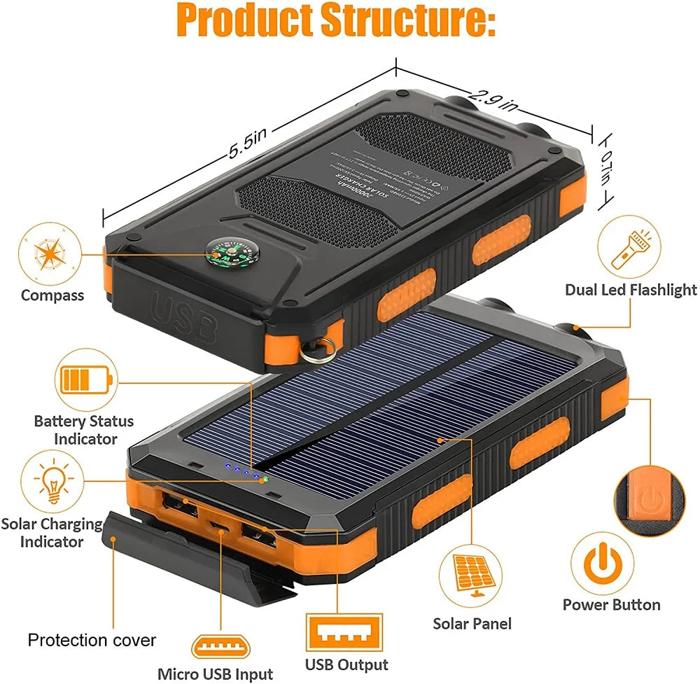 Solar Power Bank External Battery Charger Strong Light LED Light for All Smartphones
